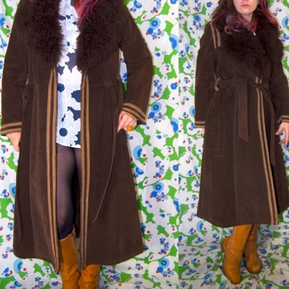 VINTAGE 70s Suede and Faux Fur Collar Coat Penny Lane M